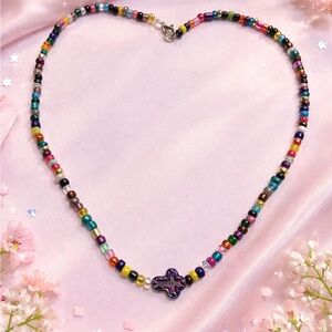 Multicolor Beaded Necklace with Cross Pendant